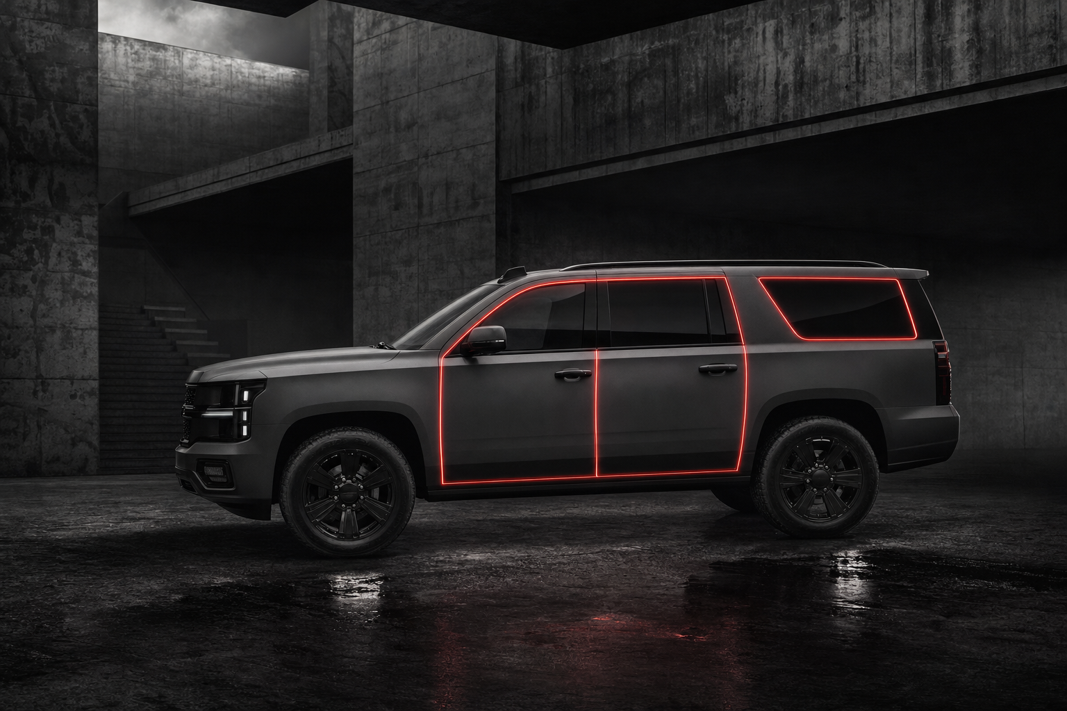 Full-Size SUVs collection - matte gray full-size SUV with neon red window outline