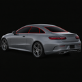 2019 Mercedes-Benz E450 two-door coupe with limo-dark tint and red outlines marking side and rear glass coverage; minimalist car-only rendering.