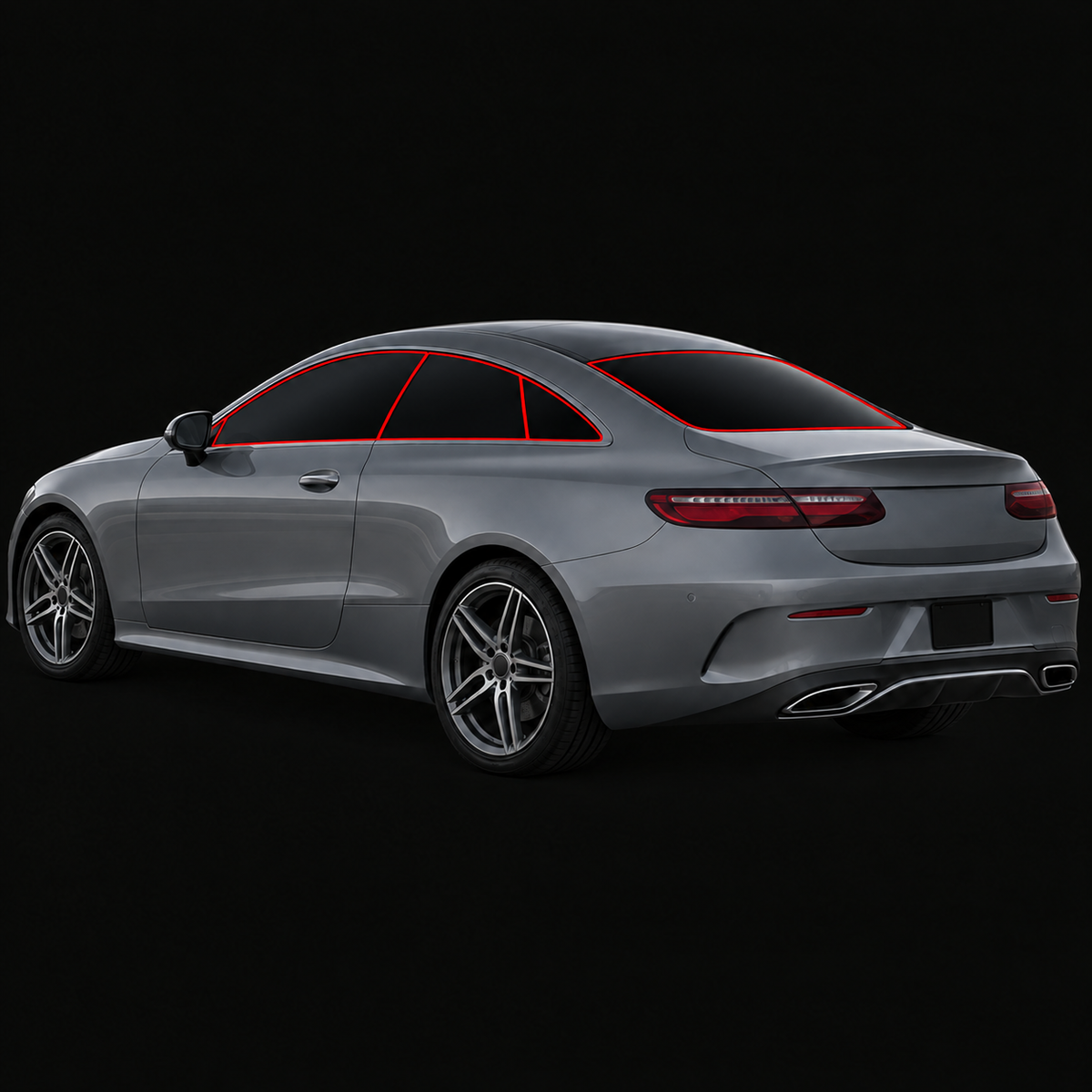 2019 Mercedes-Benz E450 two-door coupe with limo-dark tint and red outlines marking side and rear glass coverage; minimalist car-only rendering.