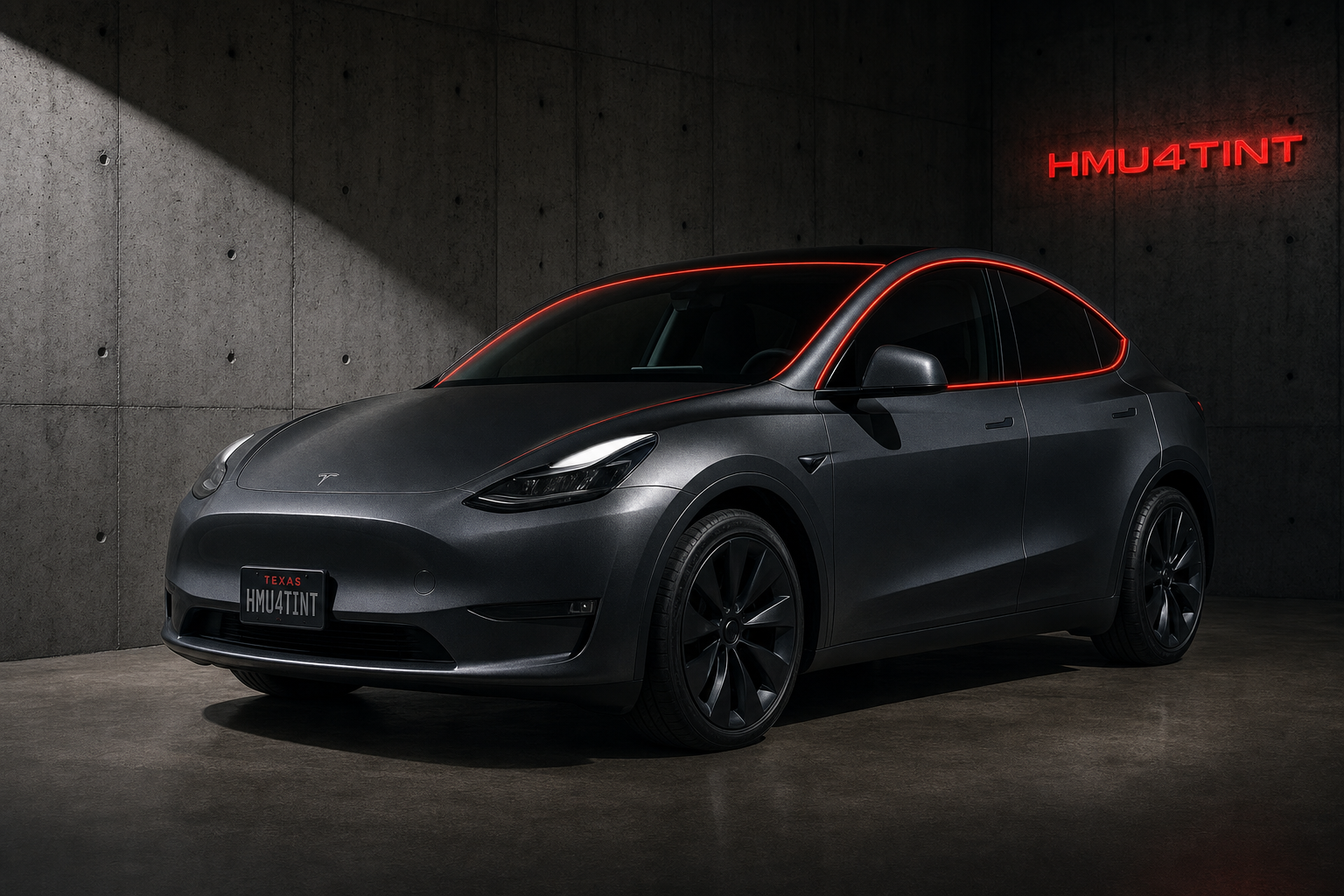2020-2024 Tesla Model Y pre-Juniper Legacy body with each glass panel individually outlined in neon red showing HMU4TINT precut ceramic tint coverage