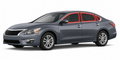 2013-2018 Nissan Altima with driver-side front door glass, driver-side rear door glass, and back windshield outlined in neon red showing precut tint kit coverage