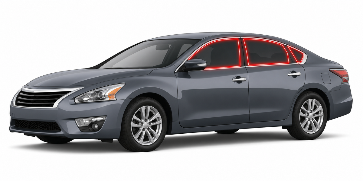 2013-2018 Nissan Altima with driver-side front door glass, driver-side rear door glass, and back windshield outlined in neon red showing precut tint kit coverage