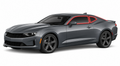 2016-2024 Chevrolet Camaro with driver-side front door glass, driver-side rear quarter glass, and back windshield outlined in neon red showing precut tint kit coverage