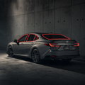 2025-2026 Toyota Camry with front door, rear door, and back glass windows outlined in neon red showing precut tint kit coverage