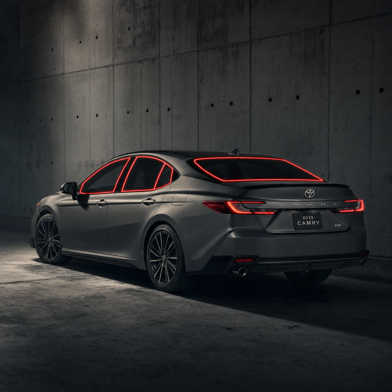 2025-2026 Toyota Camry with front door, rear door, and back glass windows outlined in neon red showing precut tint kit coverage