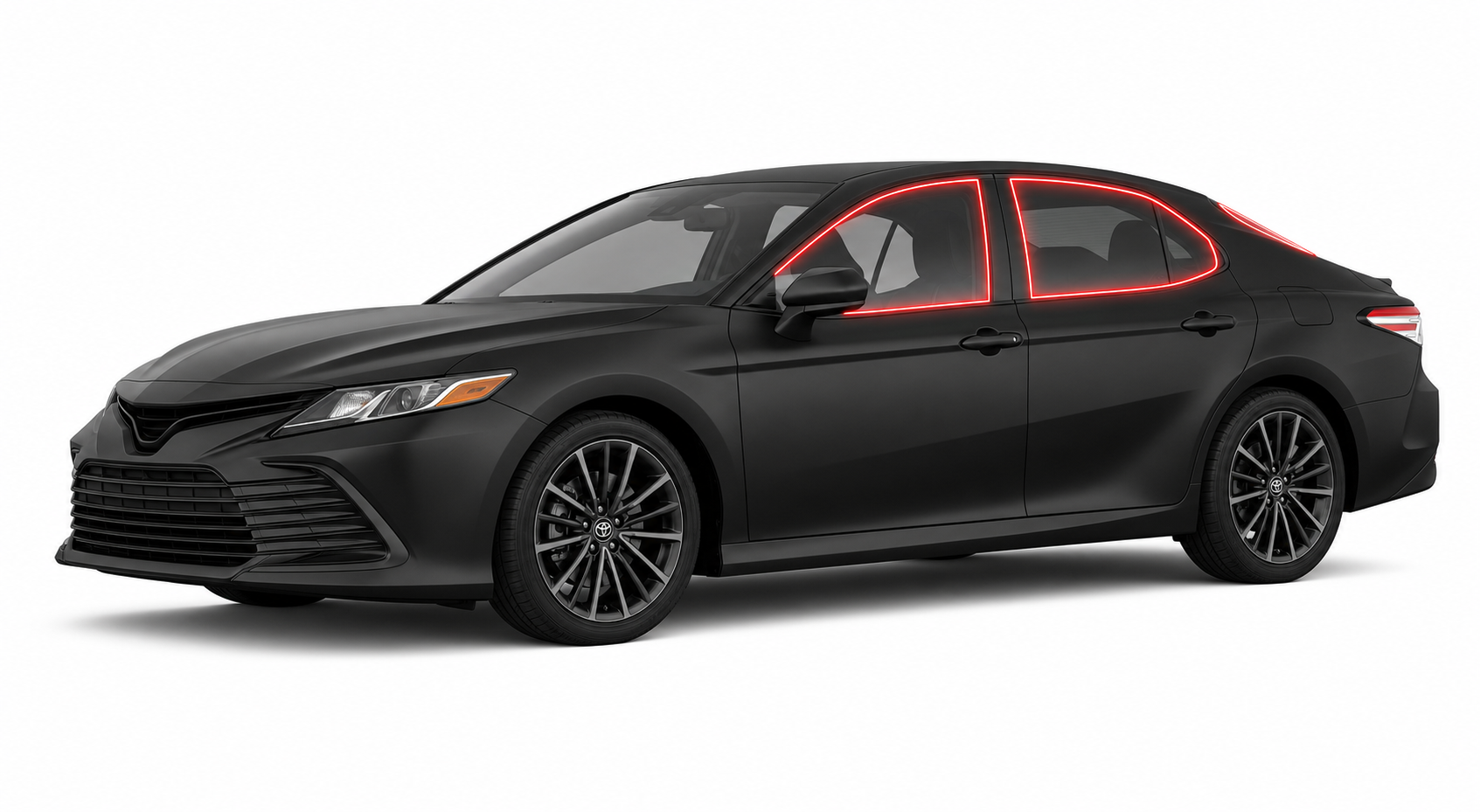 2018-2024 Toyota Camry with driver-side front door glass, driver-side rear door glass, and back windshield outlined in neon red showing precut tint kit coverage