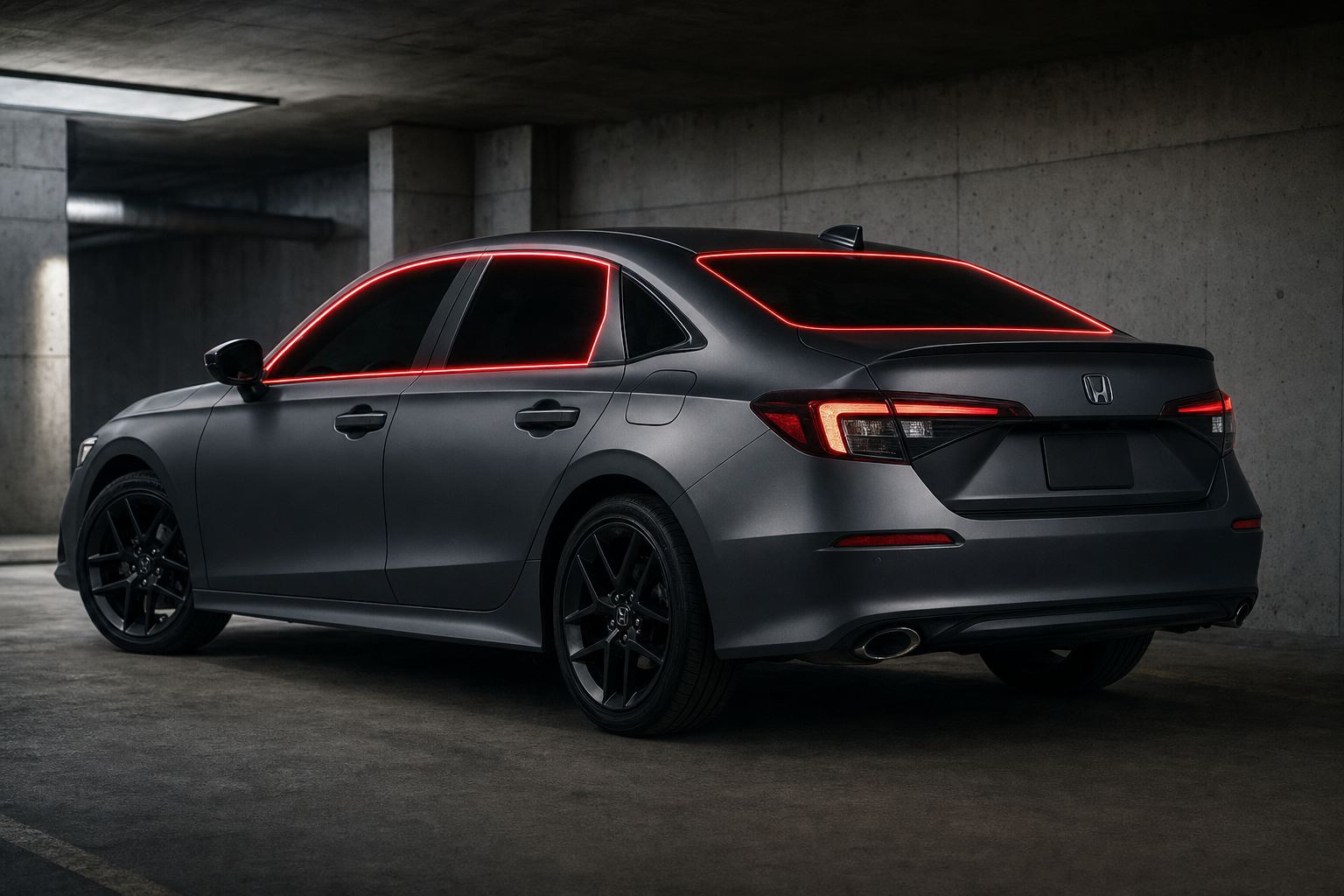 2022-2026 Honda Civic with front door, rear door, and rear glass windows outlined in neon red showing precut tint kit coverage