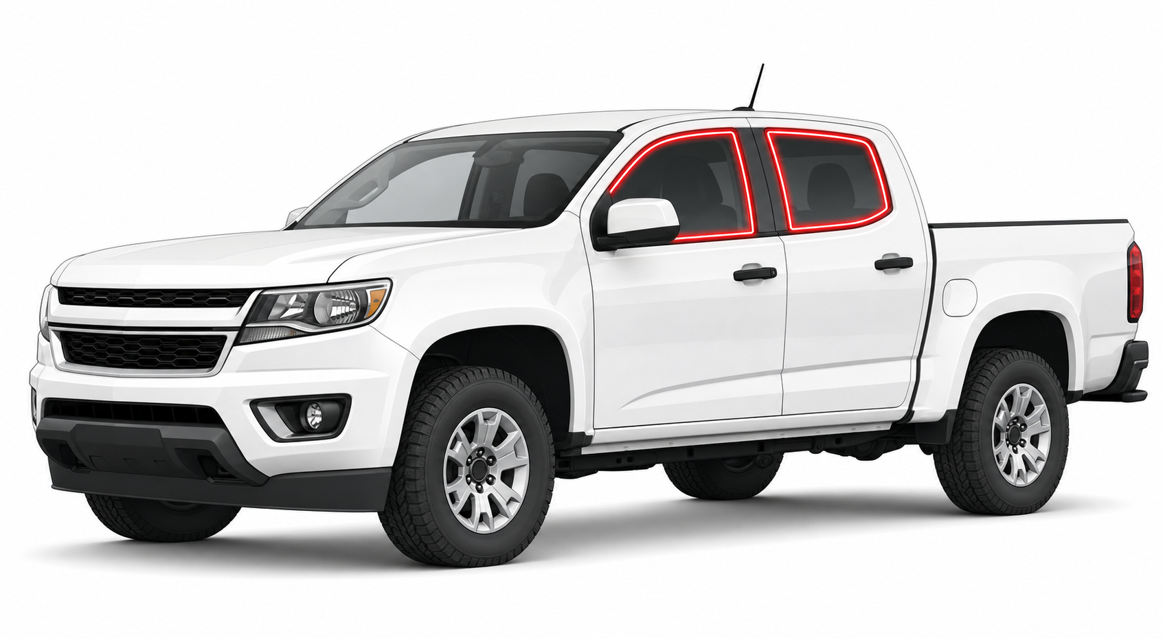 2015-2022 Chevrolet Colorado with driver-side front door glass, driver-side rear door glass, and small rear-cab back glass outlined in neon red showing precut tint kit coverage