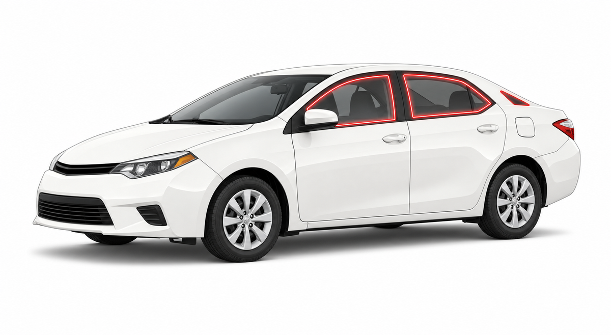 2013-2019 Toyota Corolla with driver-side front door glass, driver-side rear door glass, and back windshield outlined in neon red showing precut tint kit coverage