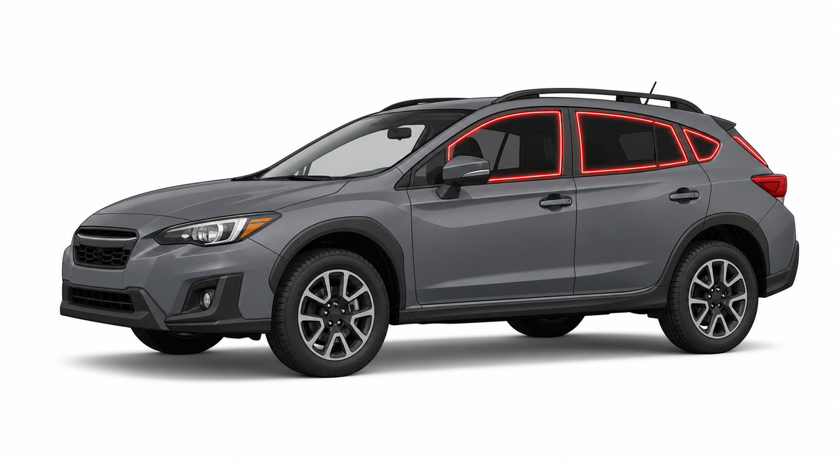 2018-2023 Subaru Crosstrek with driver-side front door glass, driver-side rear door glass, small quarter glass, and back liftgate glass outlined in neon red showing precut tint kit coverage