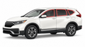 2017-2022 Honda CR-V with driver-side front door glass, driver-side rear door glass, small quarter glass, and back liftgate glass outlined in neon red showing precut tint kit coverage