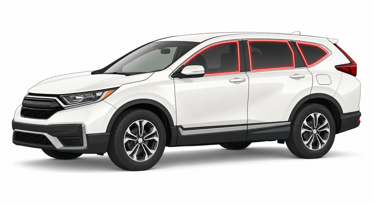 2017-2022 Honda CR-V with driver-side front door glass, driver-side rear door glass, small quarter glass, and back liftgate glass outlined in neon red showing precut tint kit coverage