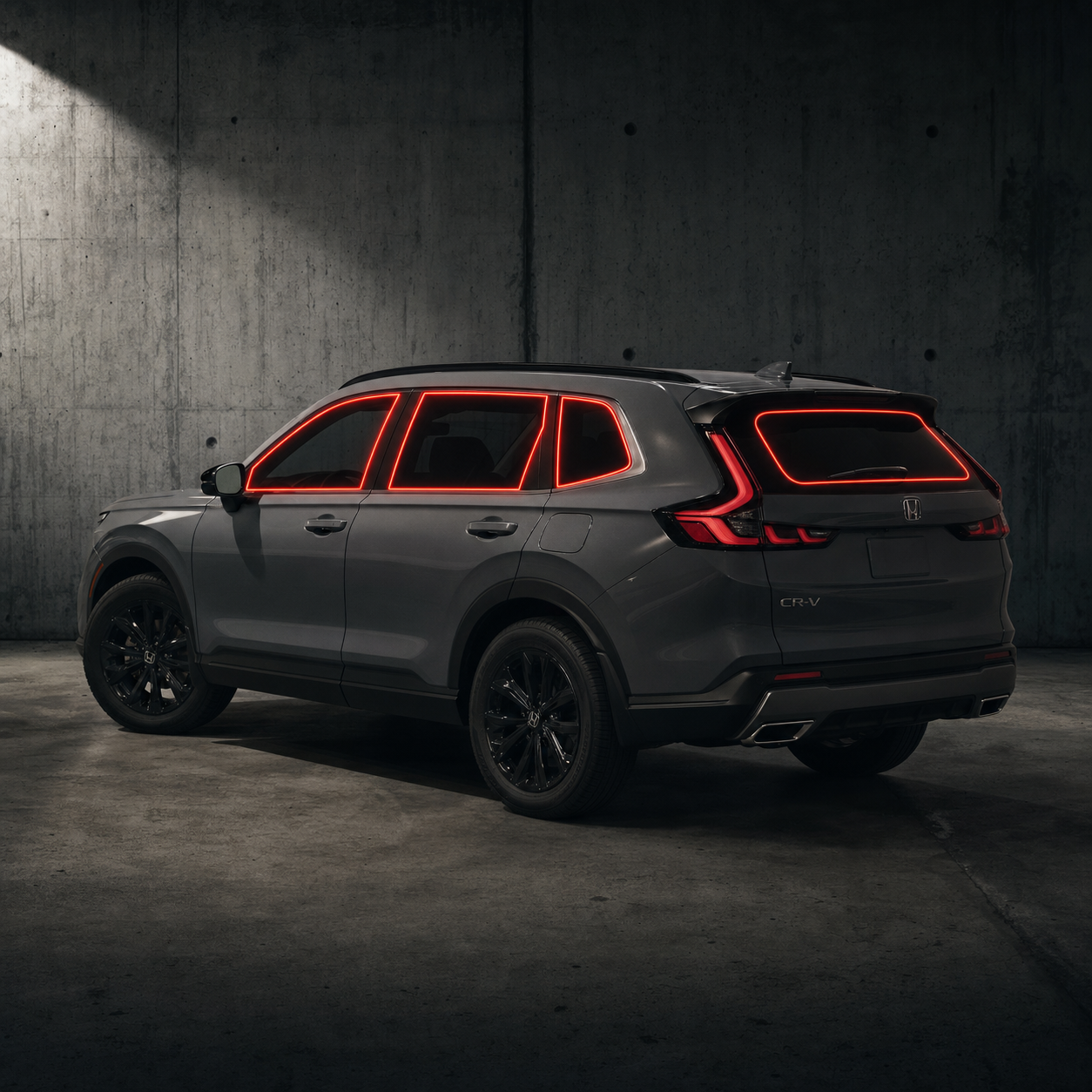 2023-2026 Honda CR-V with front door, rear door, and back glass windows outlined in neon red showing precut tint kit coverage