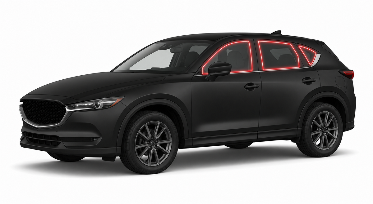 2017-2022 Mazda CX-5 with driver-side front door glass, driver-side rear door glass, small quarter glass, and back liftgate glass outlined in neon red showing precut tint kit coverage
