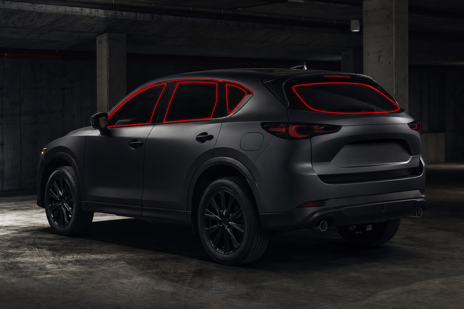 2023-2026 Mazda CX-5 with front door, rear door, and rear cargo windows outlined in neon red showing precut tint kit coverage