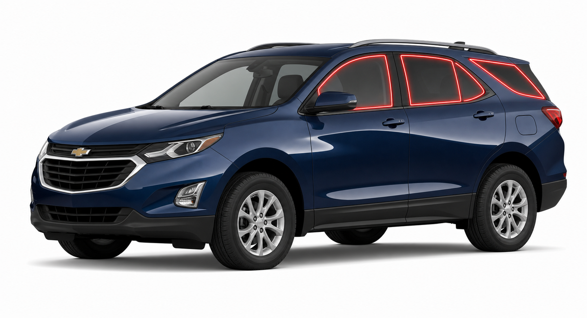2018-2024 Chevrolet Equinox with driver-side front door glass, driver-side rear door glass, small quarter glass, and back liftgate glass outlined in neon red showing precut tint kit coverage