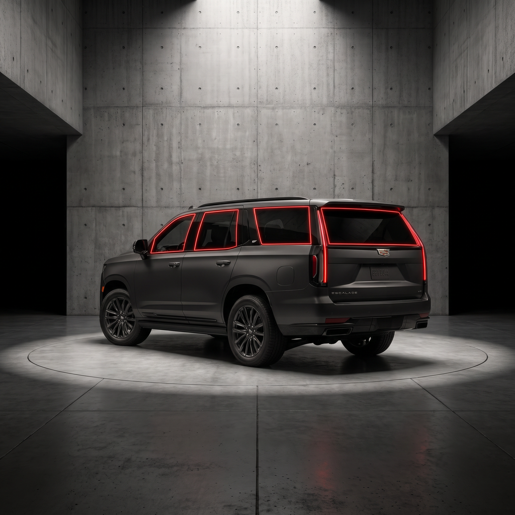 2021-2026 Cadillac Escalade with red glow outlining each tintable window