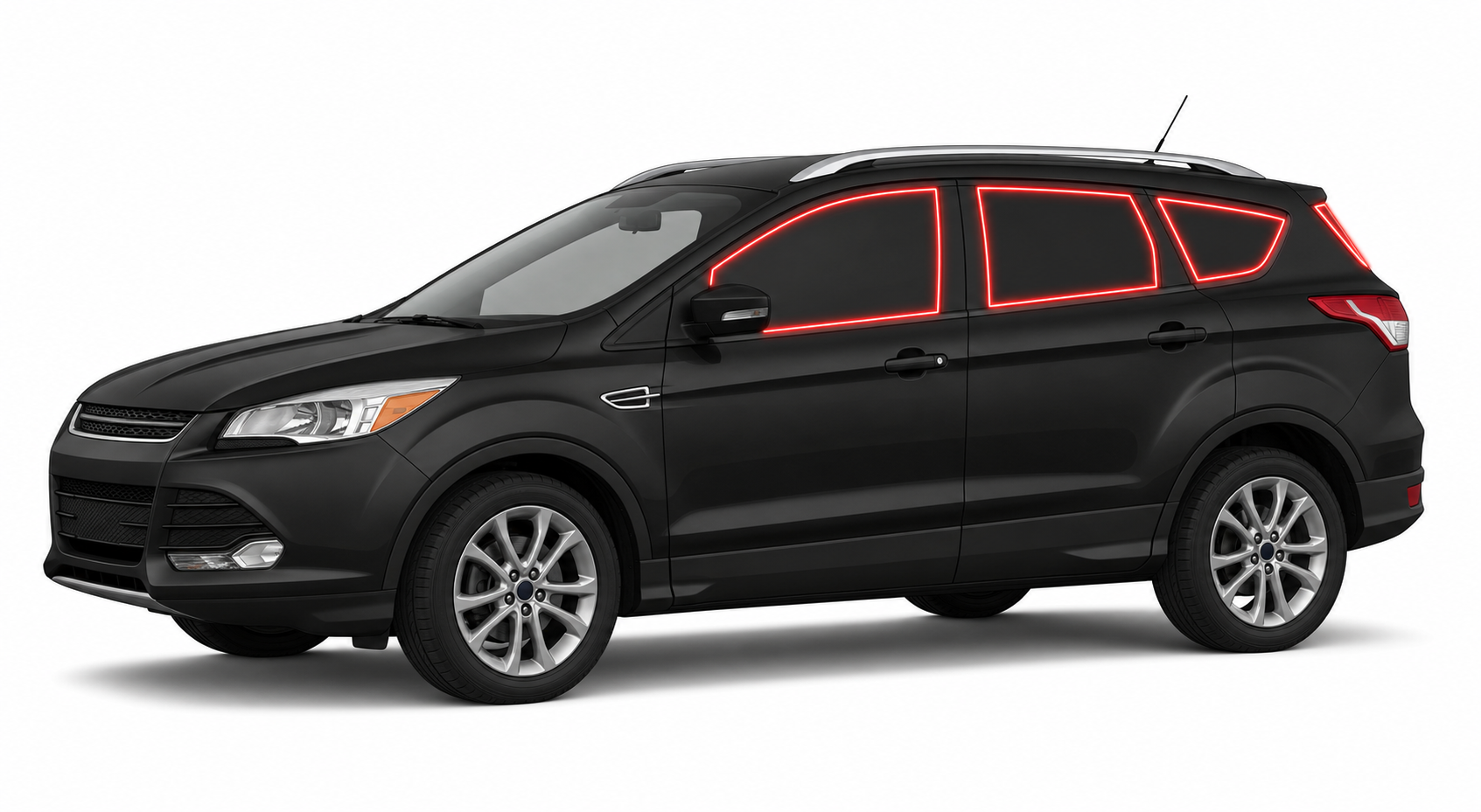2013-2019 Ford Escape with driver-side front door glass, driver-side rear door glass, small quarter glass, and back liftgate glass outlined in neon red showing precut tint kit coverage