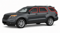 2011-2019 Ford Explorer with driver-side front door glass, driver-side rear door glass, small quarter glass, and back liftgate glass outlined in neon red showing precut tint kit coverage
