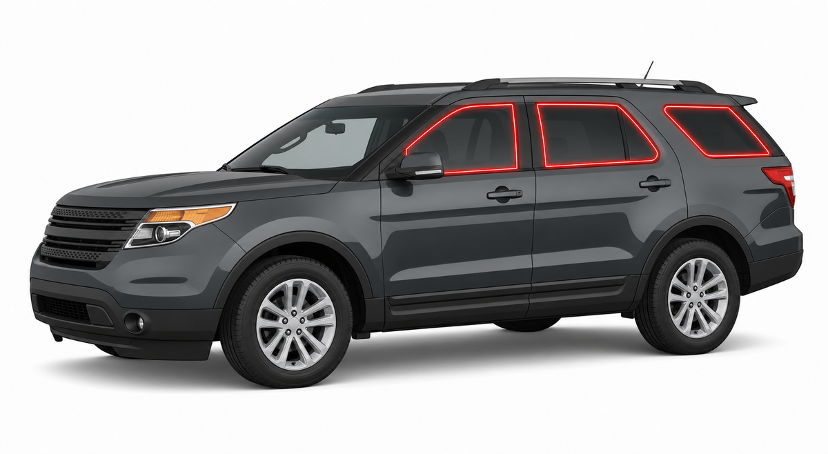 2011-2019 Ford Explorer with driver-side front door glass, driver-side rear door glass, small quarter glass, and back liftgate glass outlined in neon red showing precut tint kit coverage