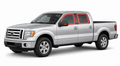 2009-2014 Ford F-150 with driver-side front door glass, driver-side rear door glass, and small rear-cab back glass outlined in neon red showing precut tint kit coverage