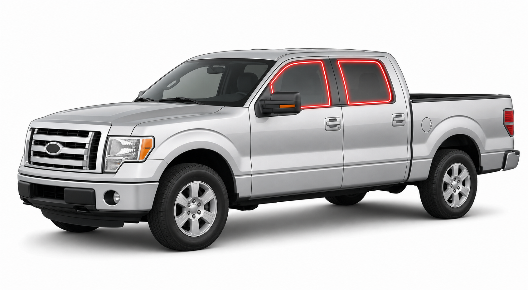2009-2014 Ford F-150 with driver-side front door glass, driver-side rear door glass, and small rear-cab back glass outlined in neon red showing precut tint kit coverage