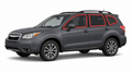 2014-2018 Subaru Forester with driver-side front door glass, driver-side rear door glass, small quarter glass, and back liftgate glass outlined in neon red showing precut tint kit coverage