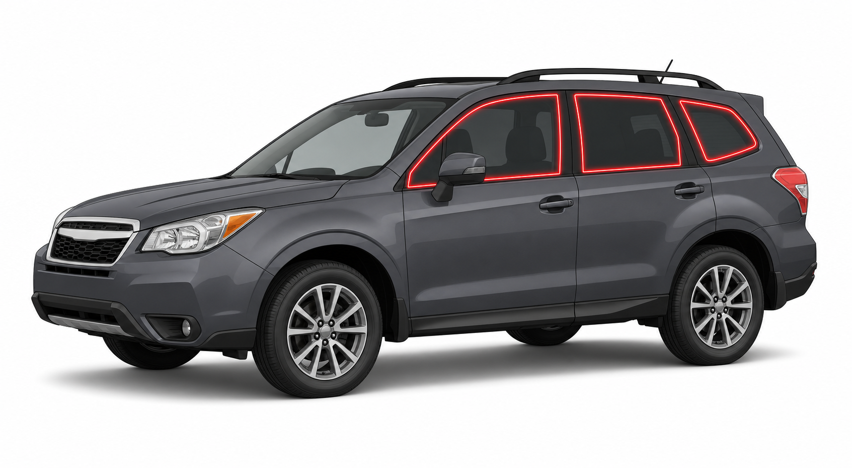 2014-2018 Subaru Forester with driver-side front door glass, driver-side rear door glass, small quarter glass, and back liftgate glass outlined in neon red showing precut tint kit coverage