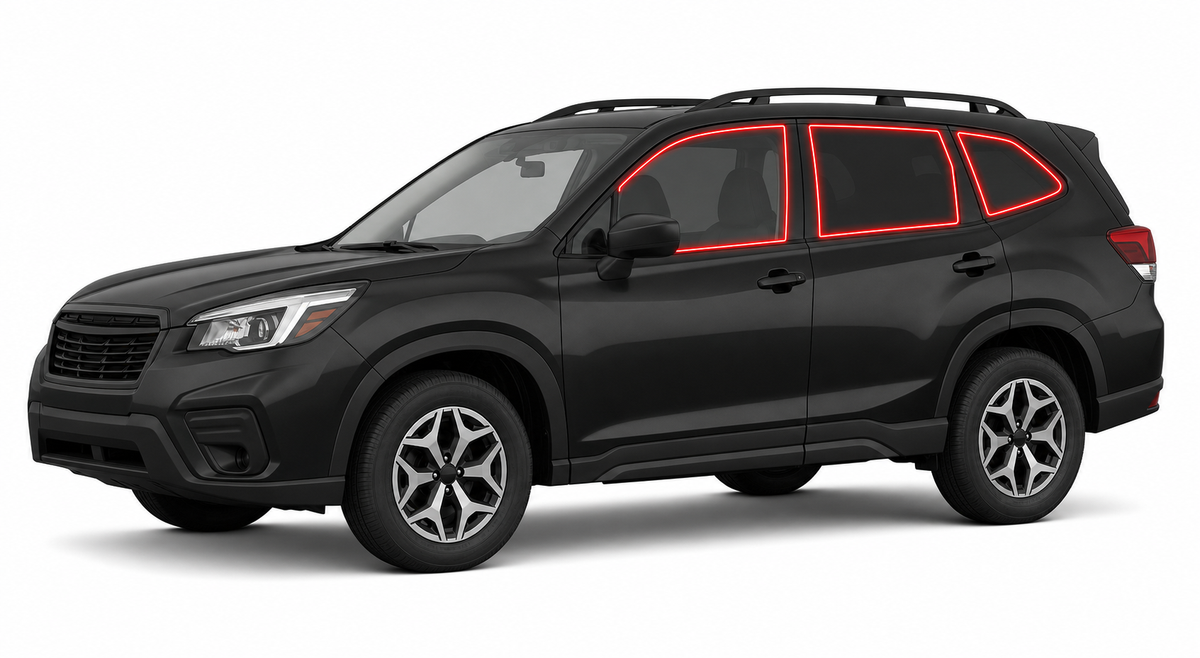 2019-2024 Subaru Forester with driver-side front door glass, driver-side rear door glass, small quarter glass, and back liftgate glass outlined in neon red showing precut tint kit coverage