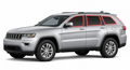 2011-2021 Jeep Grand Cherokee with driver-side front door glass, driver-side rear door glass, small quarter glass, and back liftgate glass outlined in neon red showing precut tint kit coverage