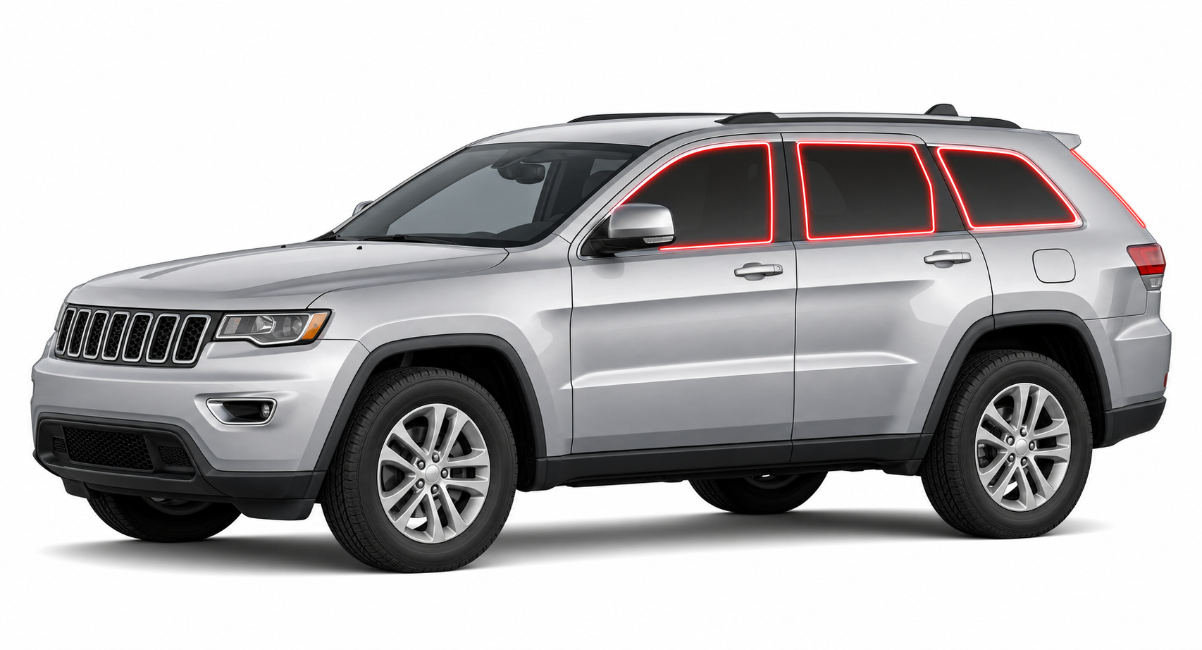 2011-2021 Jeep Grand Cherokee with driver-side front door glass, driver-side rear door glass, small quarter glass, and back liftgate glass outlined in neon red showing precut tint kit coverage