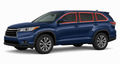 2014-2019 Toyota Highlander with driver-side front door glass, driver-side rear door glass, small quarter glass, and back liftgate glass outlined in neon red showing precut tint kit coverage