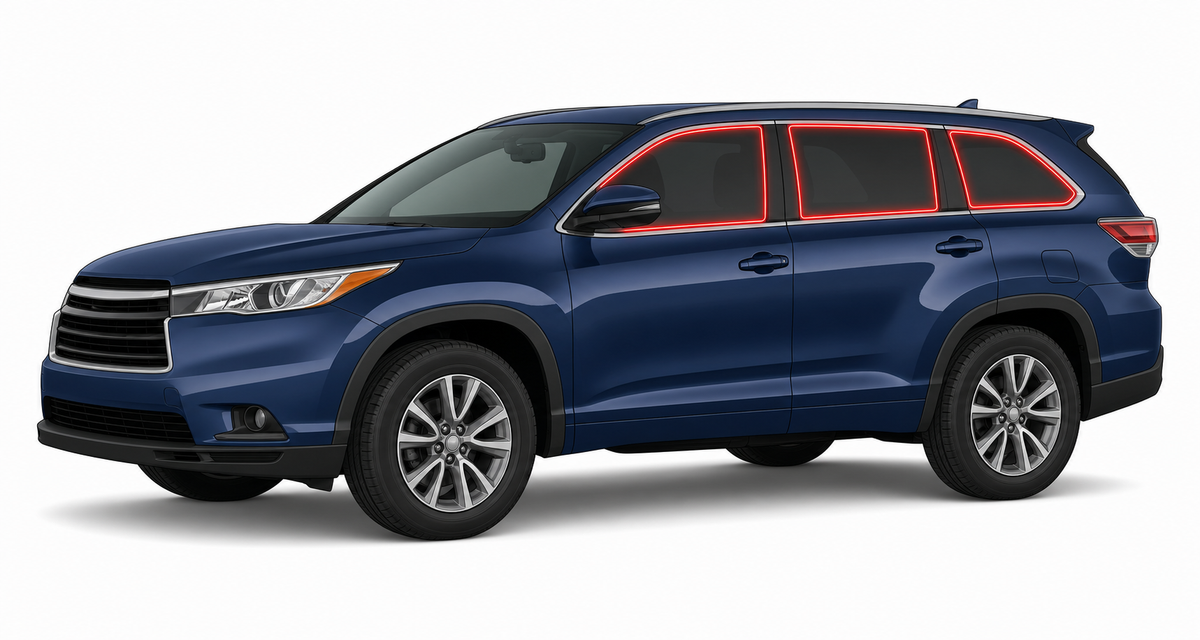 2014-2019 Toyota Highlander with driver-side front door glass, driver-side rear door glass, small quarter glass, and back liftgate glass outlined in neon red showing precut tint kit coverage