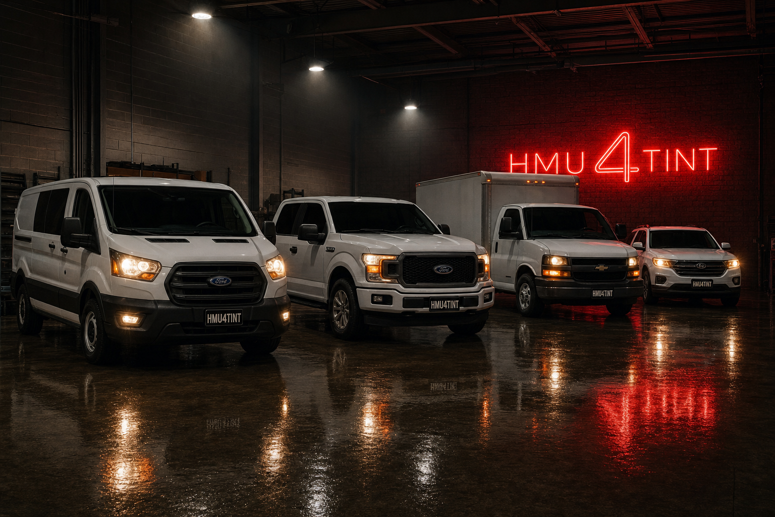 HMU4TINT Fleet Partner Plan — fleet of white commercial work vehicles with dark tint parked in shop under red HMU4TINT neon