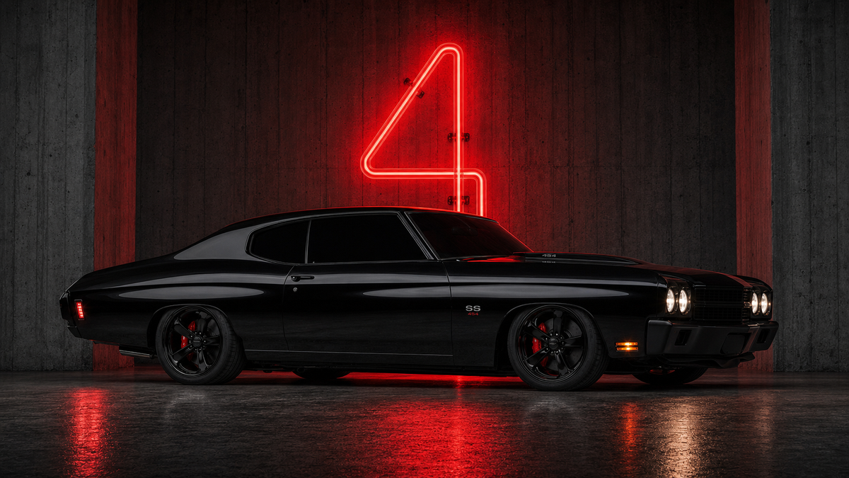 1970 Chevrolet Chevelle SS 454 blacked out with HMU4TINT red neon logo on brutalist concrete backdrop