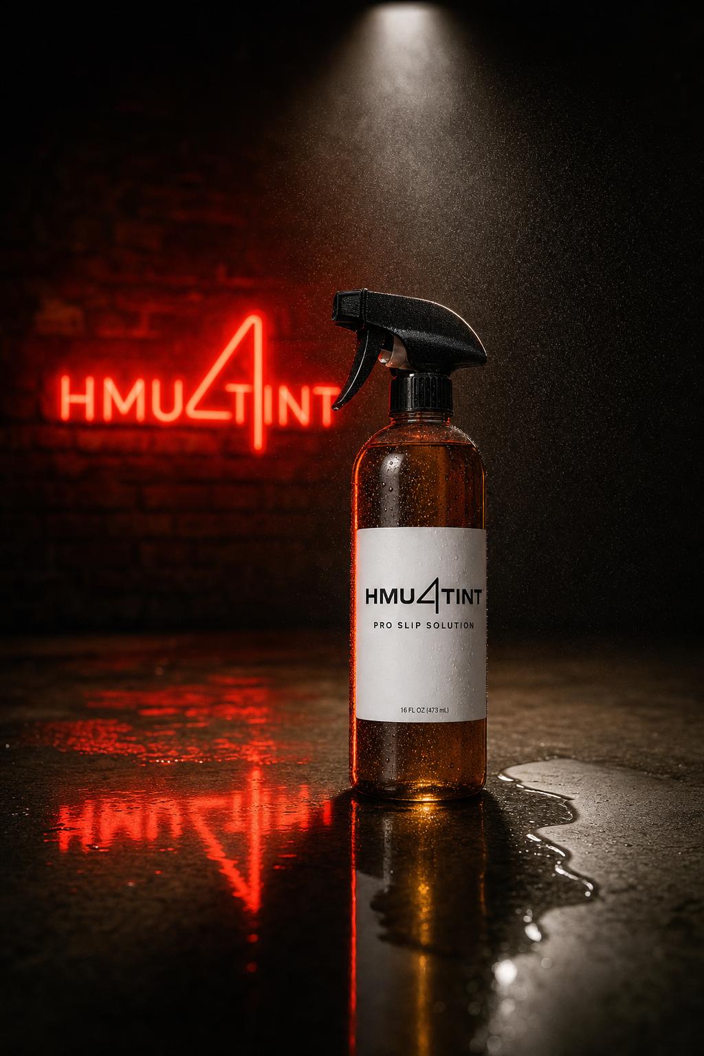 HMU4TINT Pro Slip Solution 16oz — amber spray bottle on wet concrete under red HMU4TINT neon