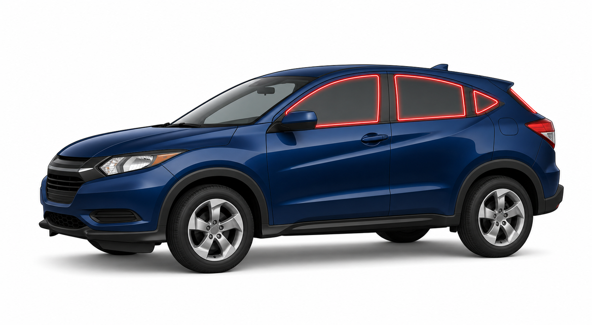 2016-2022 Honda HR-V with driver-side front door glass, driver-side rear door glass, small quarter glass, and back liftgate glass outlined in neon red showing precut tint kit coverage