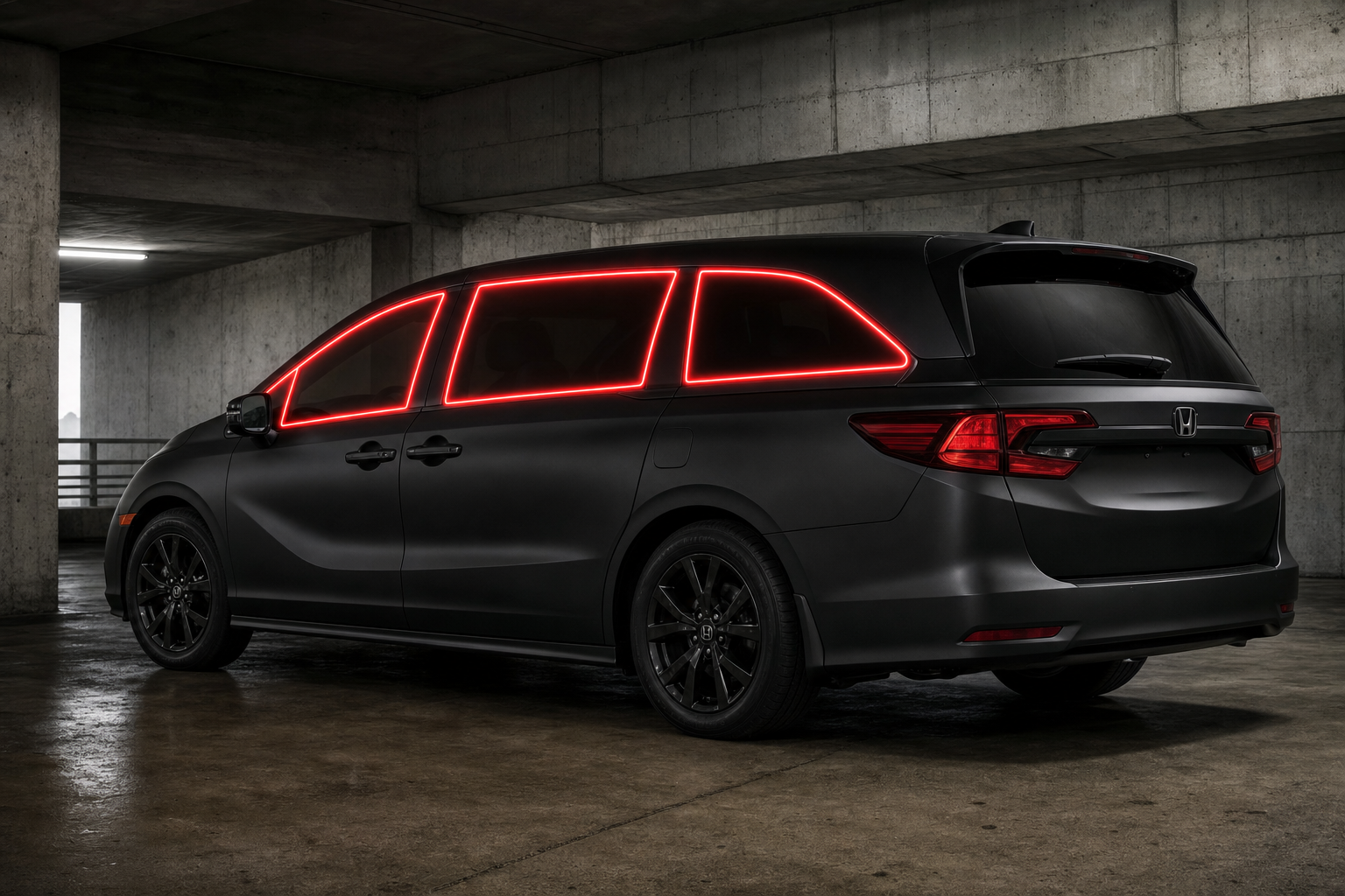 2018-2026 Honda Odyssey with front door, rear door, and rear cargo windows outlined in neon red showing precut tint kit coverage
