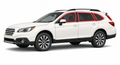 2015-2019 Subaru Outback with driver-side front door glass, driver-side rear door glass, small quarter glass, and back liftgate glass outlined in neon red showing precut tint kit coverage