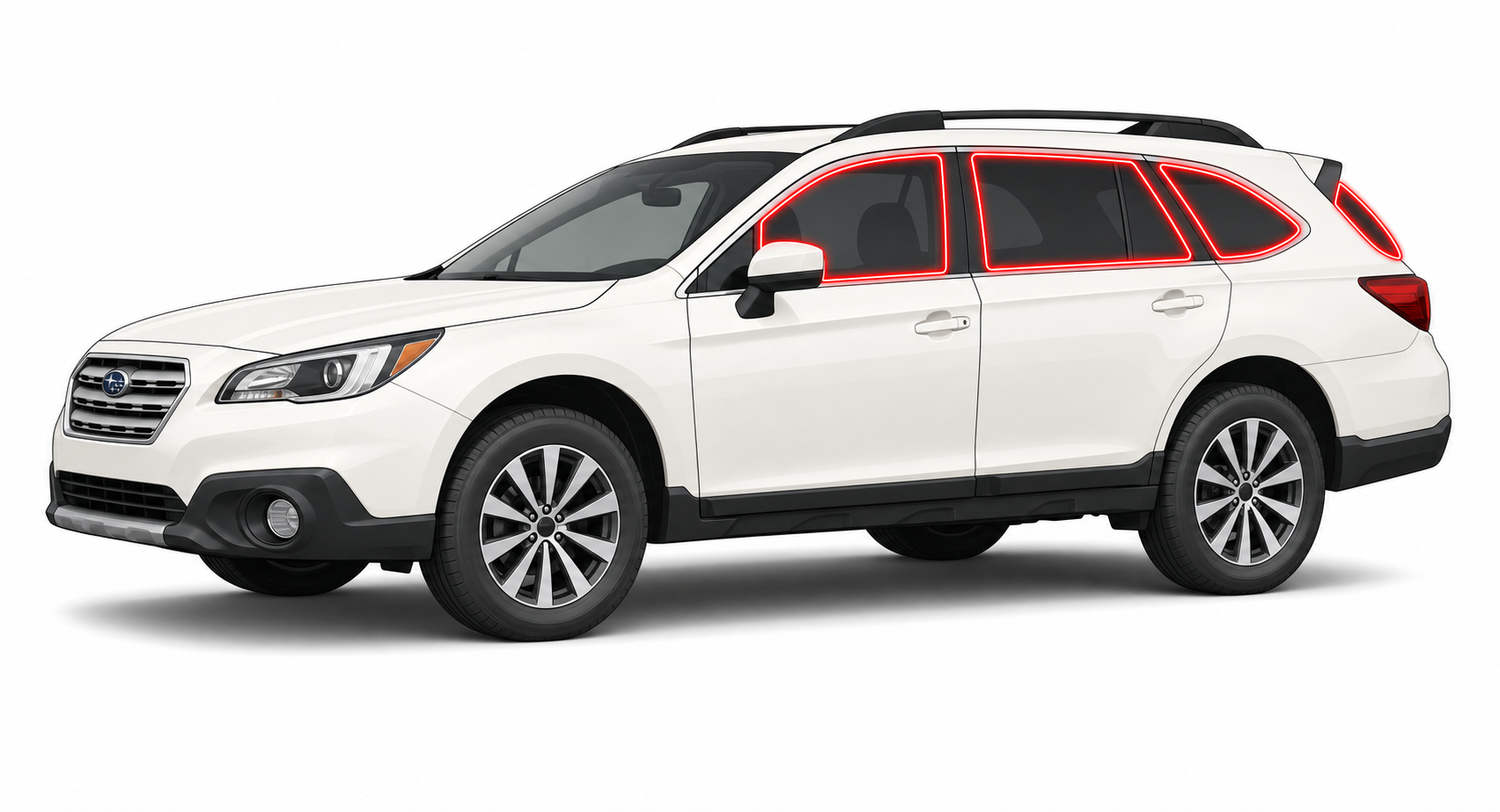 2015-2019 Subaru Outback with driver-side front door glass, driver-side rear door glass, small quarter glass, and back liftgate glass outlined in neon red showing precut tint kit coverage