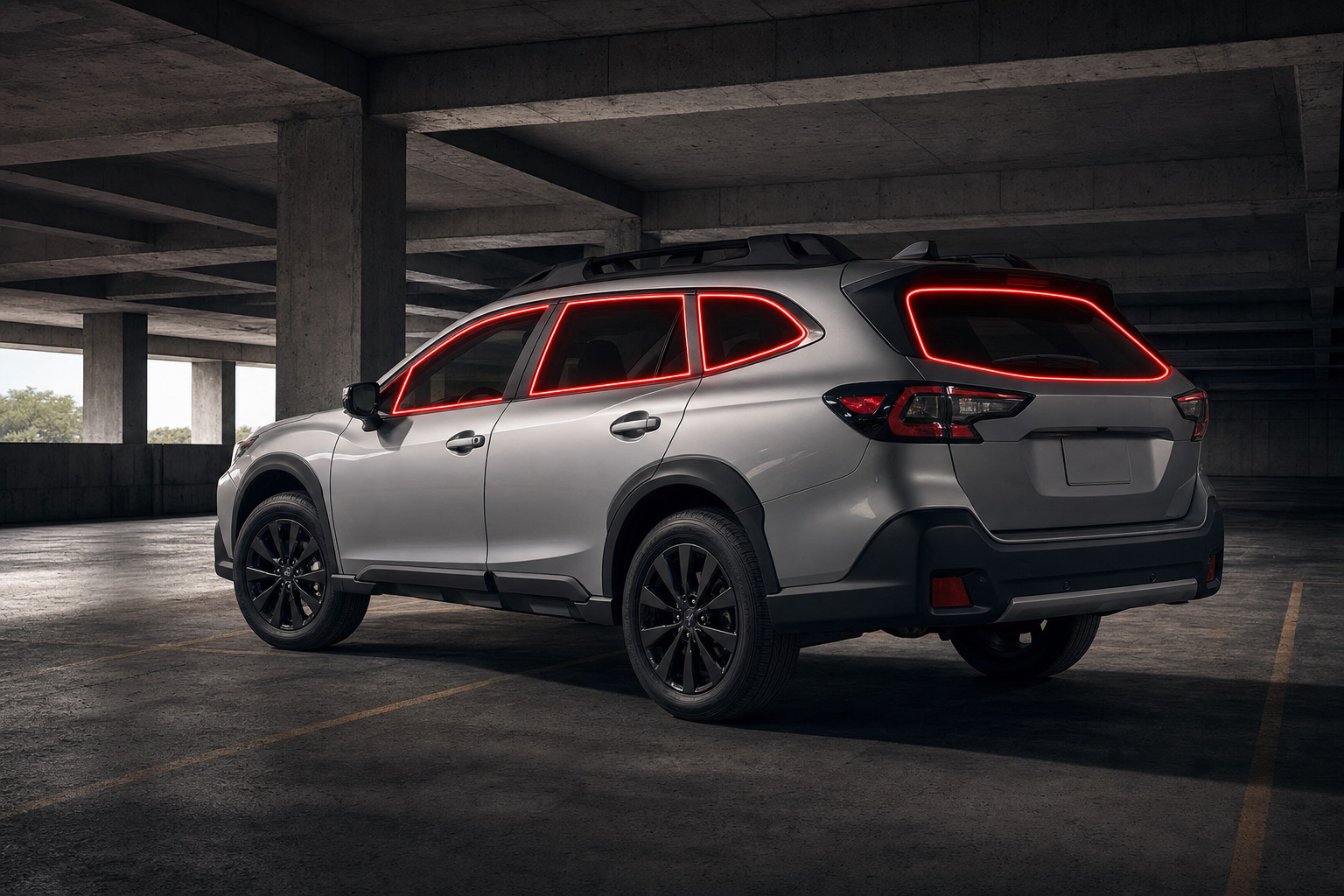 2020-2026 Subaru Outback with front door, rear door, and rear cargo windows outlined in neon red showing precut tint kit coverage