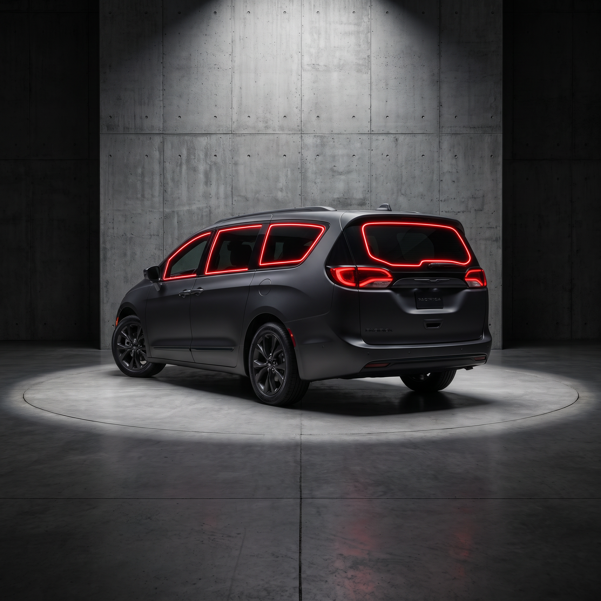 2017-2026 Chrysler Pacifica with red glow outlining each tintable window