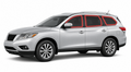 2013-2020 Nissan Pathfinder with driver-side front door glass, driver-side rear door glass, small quarter glass, and back liftgate glass outlined in neon red showing precut tint kit coverage