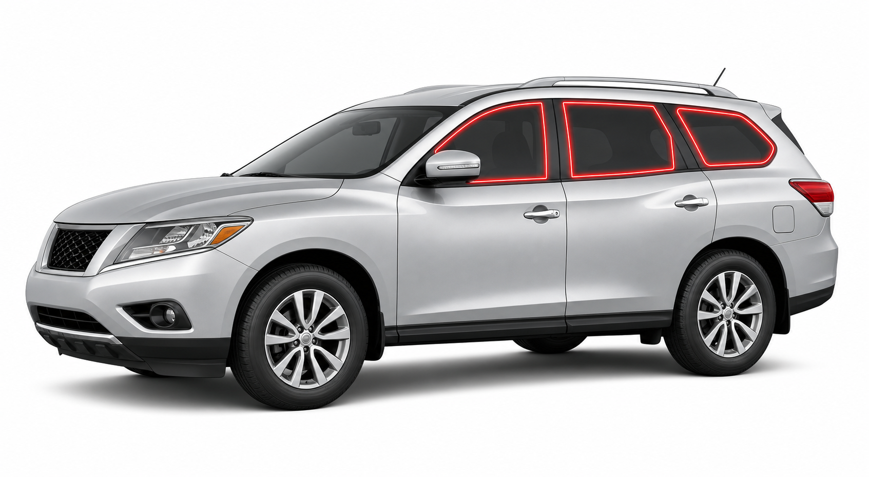 2013-2020 Nissan Pathfinder with driver-side front door glass, driver-side rear door glass, small quarter glass, and back liftgate glass outlined in neon red showing precut tint kit coverage