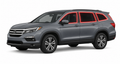2016-2022 Honda Pilot with driver-side front door glass, driver-side rear door glass, small quarter glass, and back liftgate glass outlined in neon red showing precut tint kit coverage