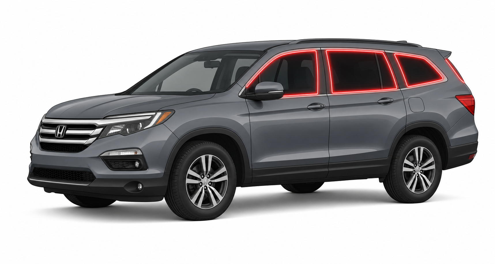 2016-2022 Honda Pilot with driver-side front door glass, driver-side rear door glass, small quarter glass, and back liftgate glass outlined in neon red showing precut tint kit coverage