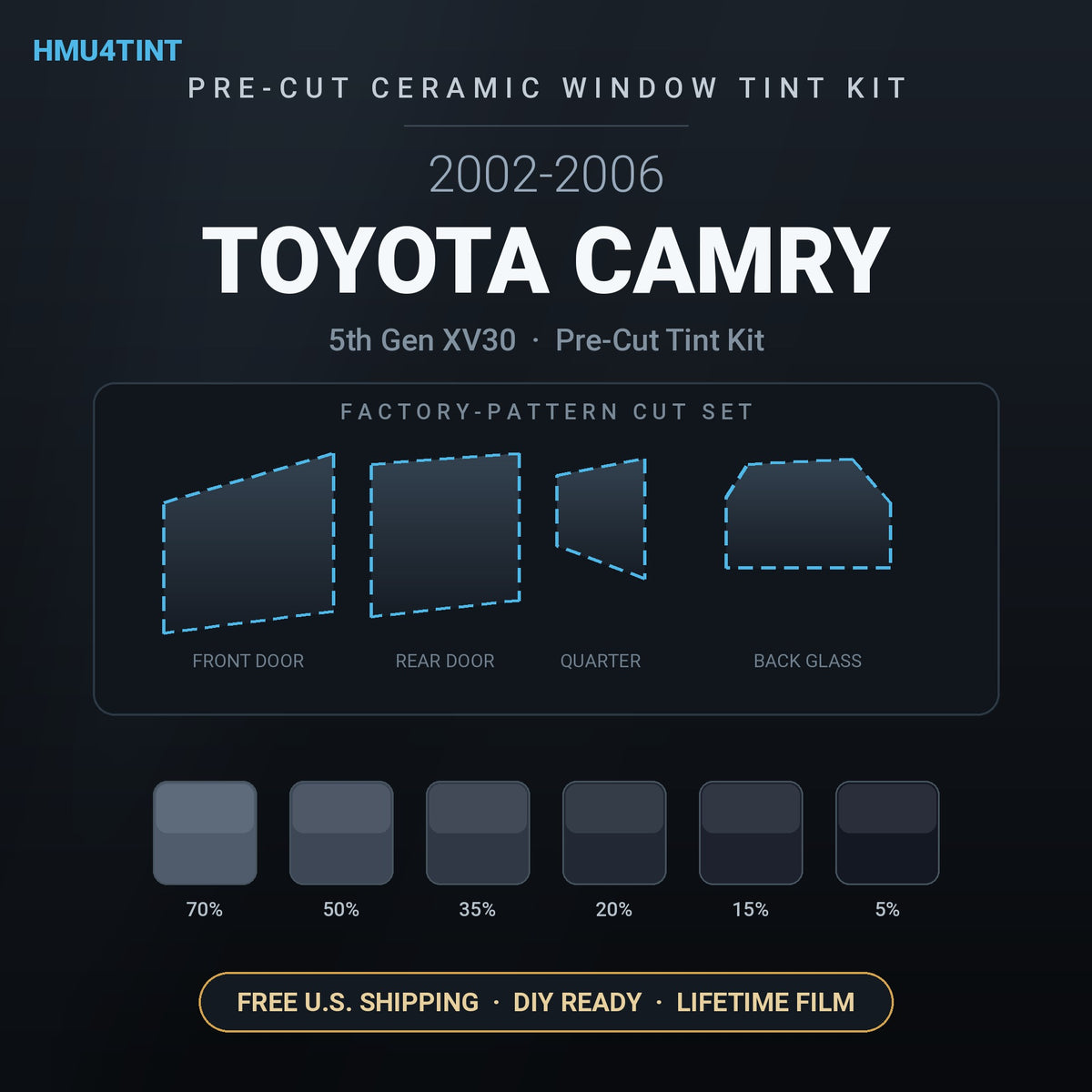 2002-2006 Toyota Camry 5th Gen XV30 precut ceramic window tint kit - coverage options and VLT shades