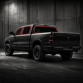 2019-2026 Ram 1500 Crew Cab with front door, rear door, and back glass windows outlined in neon red showing precut tint kit coverage