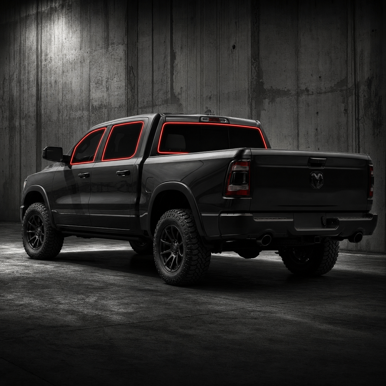 2019-2026 Ram 1500 Crew Cab with front door, rear door, and back glass windows outlined in neon red showing precut tint kit coverage