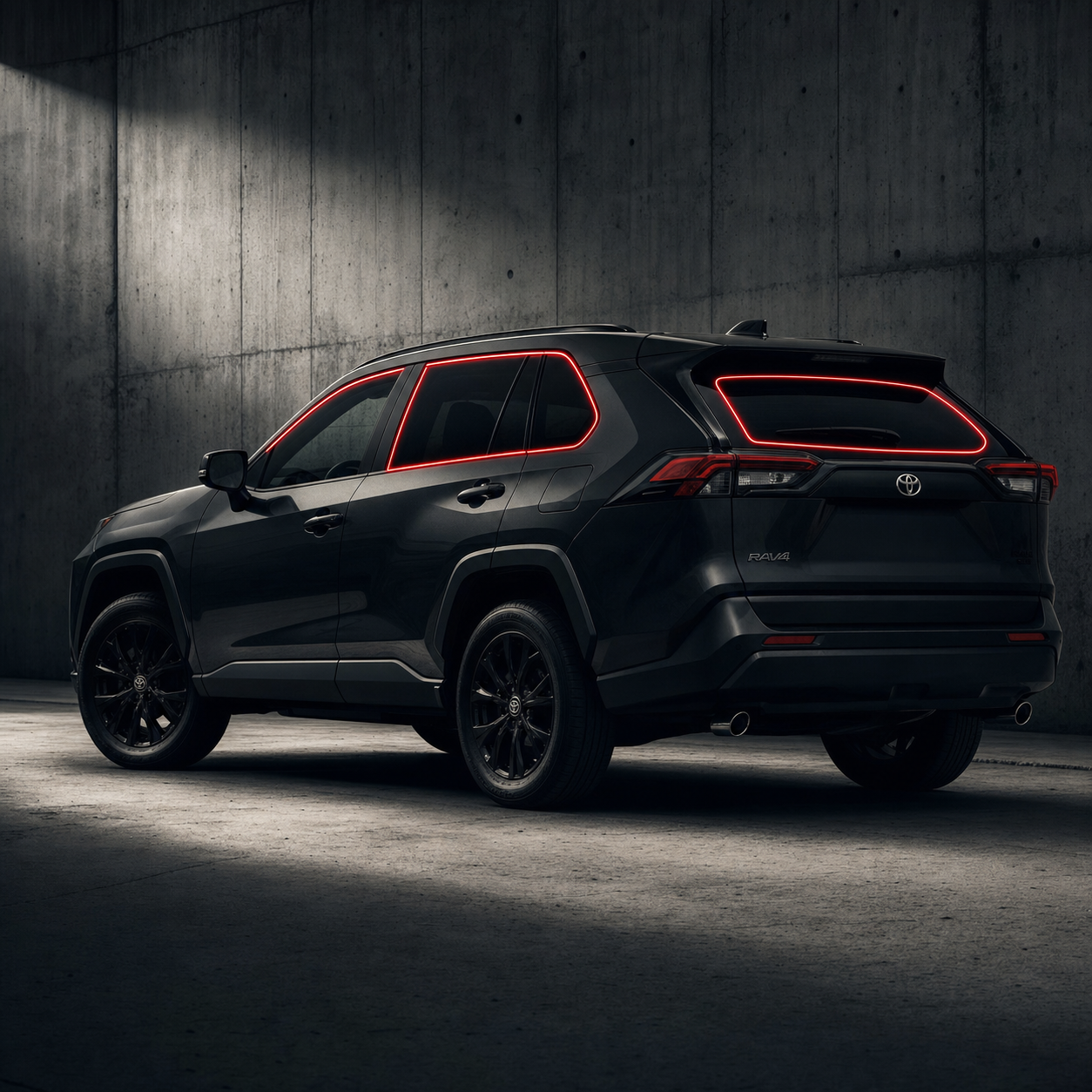 2019-2025 Toyota RAV4 with front door, rear door, and back glass windows outlined in neon red showing precut tint kit coverage